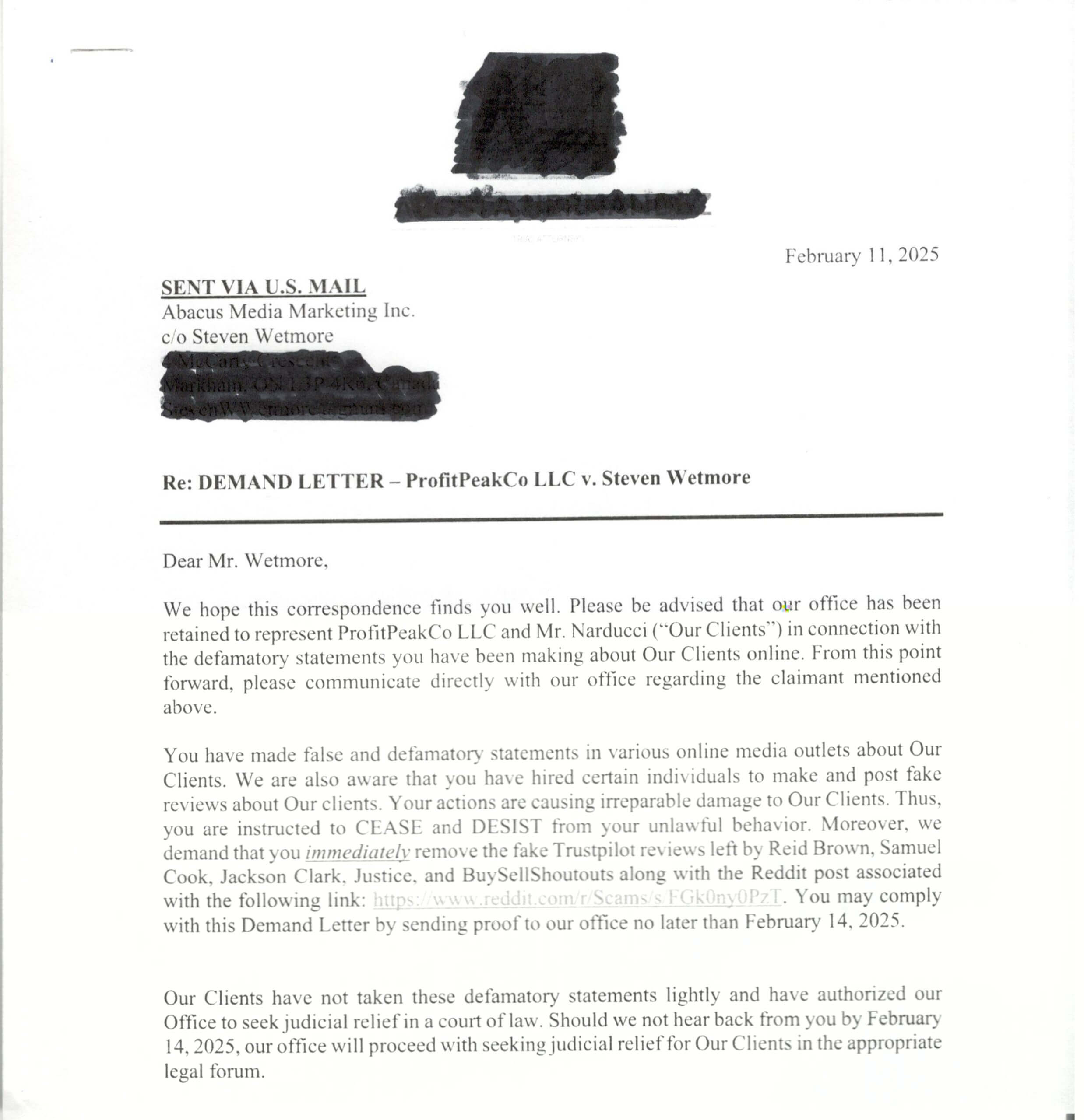 Narducci Lawyer Profit Peak Co Demand Letter