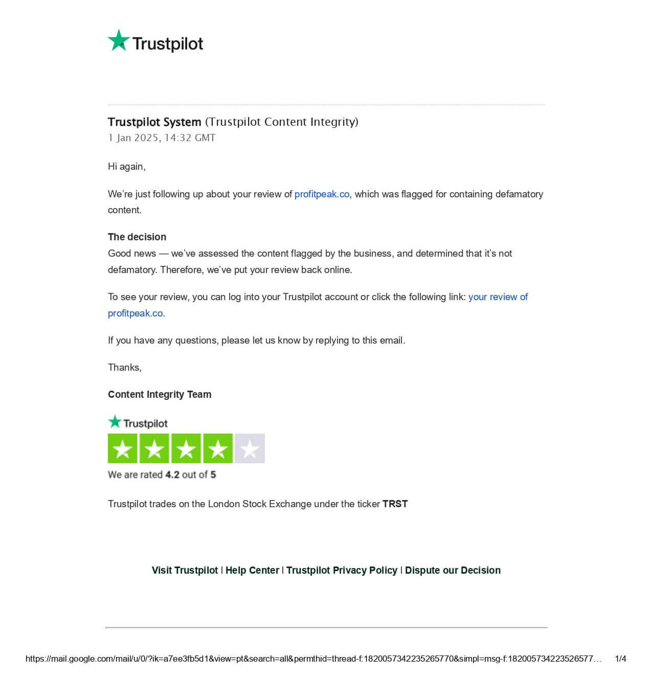 TRustpilot Tyler Narducci Profit Peak Co review NOT DEFAMATORY