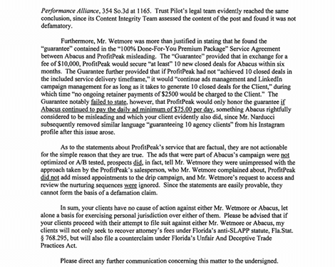 Tyler Narducci Scammer redacted letter from our lawyer page 2