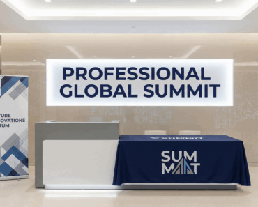 Corporate event branding displayed on professional signage at a business conference