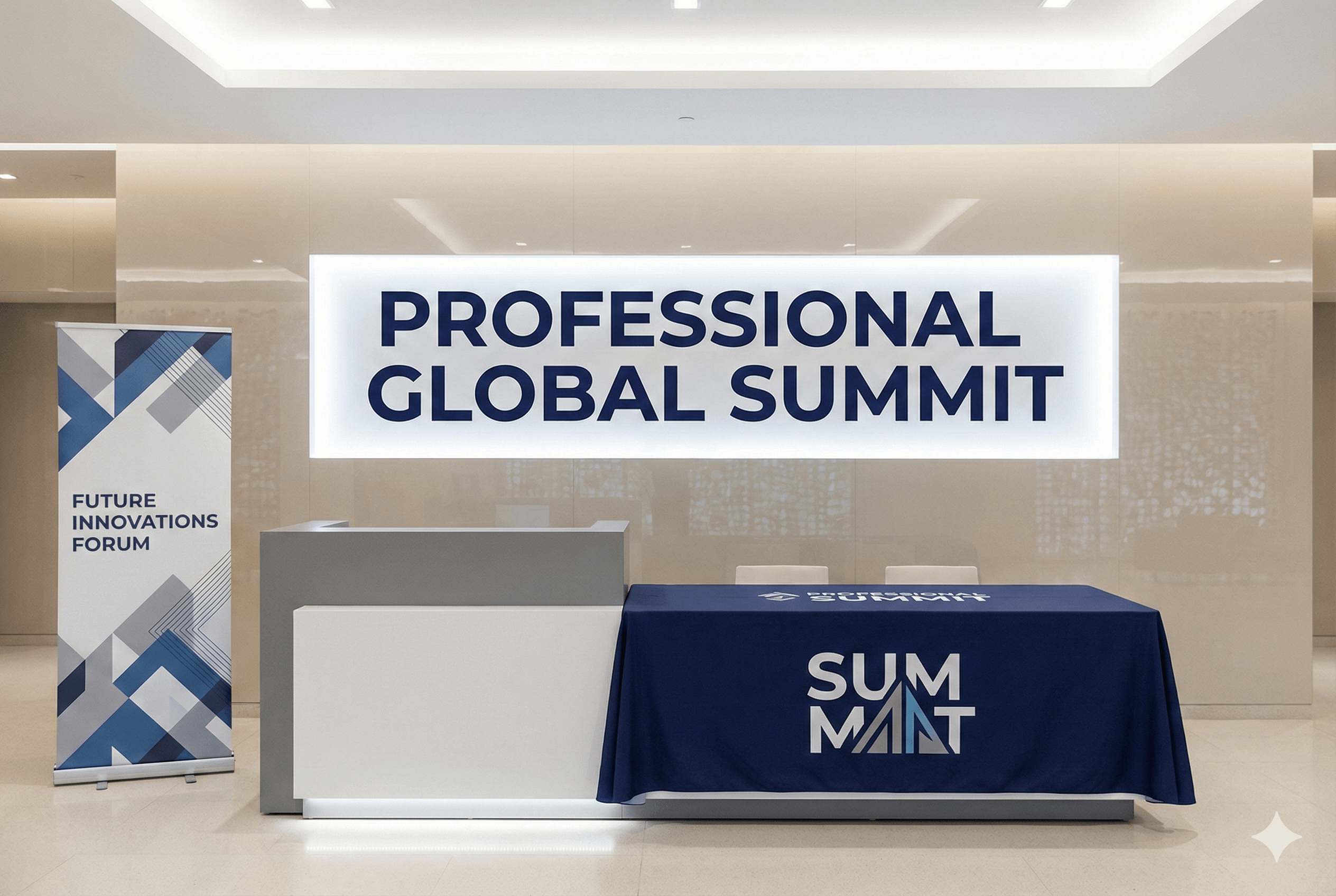 Corporate event branding displayed on professional signage at a business conference