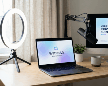 Professional webinar setup with branded background and laptop for virtual event naming