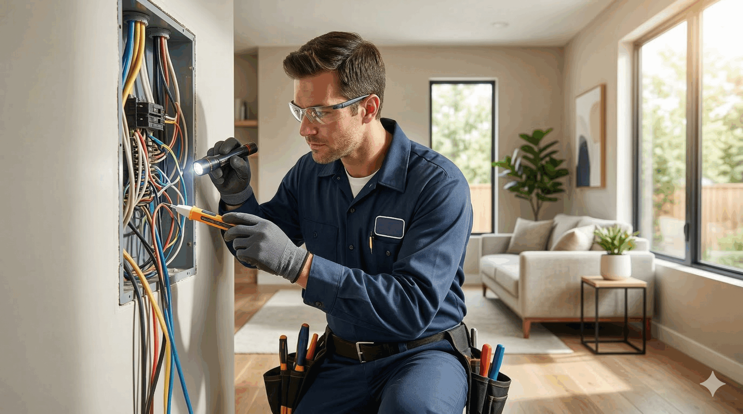 licensed electrician working safely in a modern home