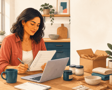 Woman planning a home-based business with a laptop, checklist and product samples