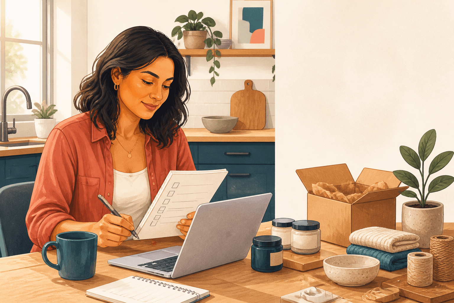 Woman planning a home-based business with a laptop, checklist and product samples