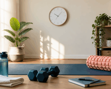 Home workout recovery space with yoga mat, dumbbells, water, towel and foam roller